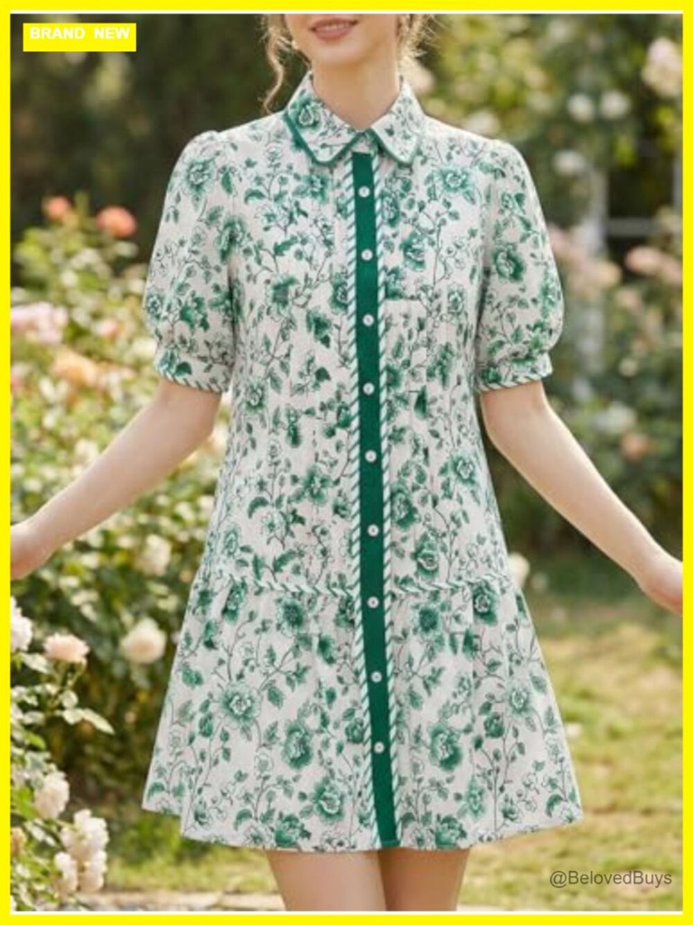 Women's Mini Dress: Short Puff Sleeve Floral Collared V-Neck Button Down Shirt - Picture 3 of 7